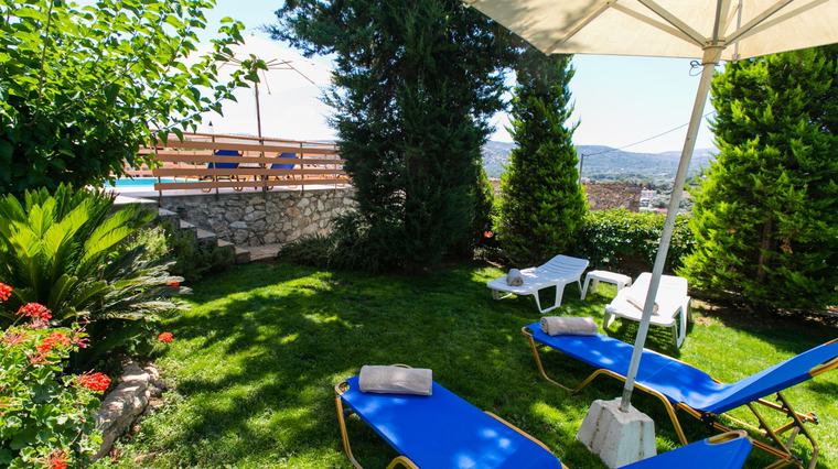 Garden lawn with sun loungers shaded by cypress trees